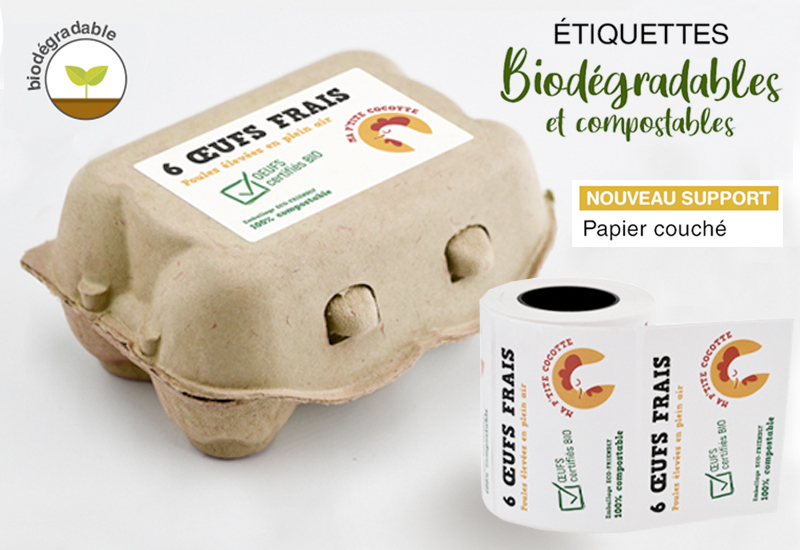 Etiquette biodégradable et compostable pour boite d'oeufs.
Besoins de petites quantités, nous créons et imprimons des étiquettes à coller sur les boîtes standards.
